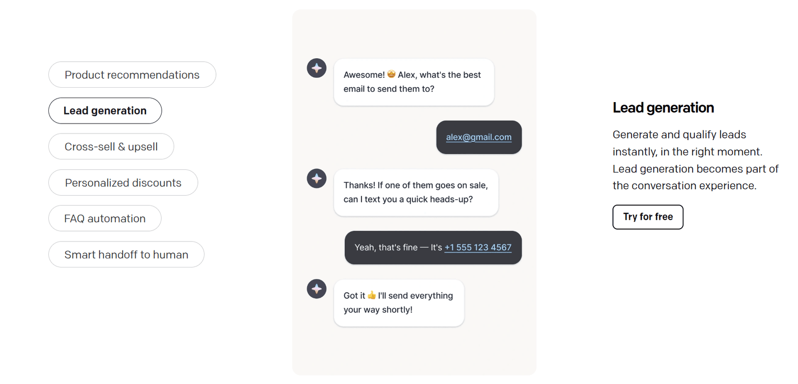 Lead generation chatbot interface with contact capture example