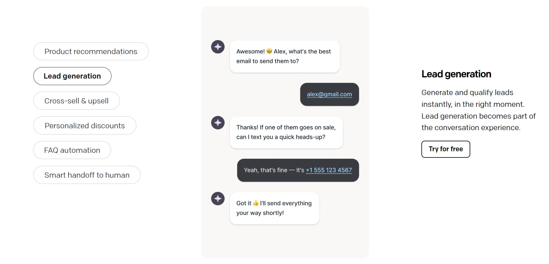 Lead generation chatbot interface with contact capture example