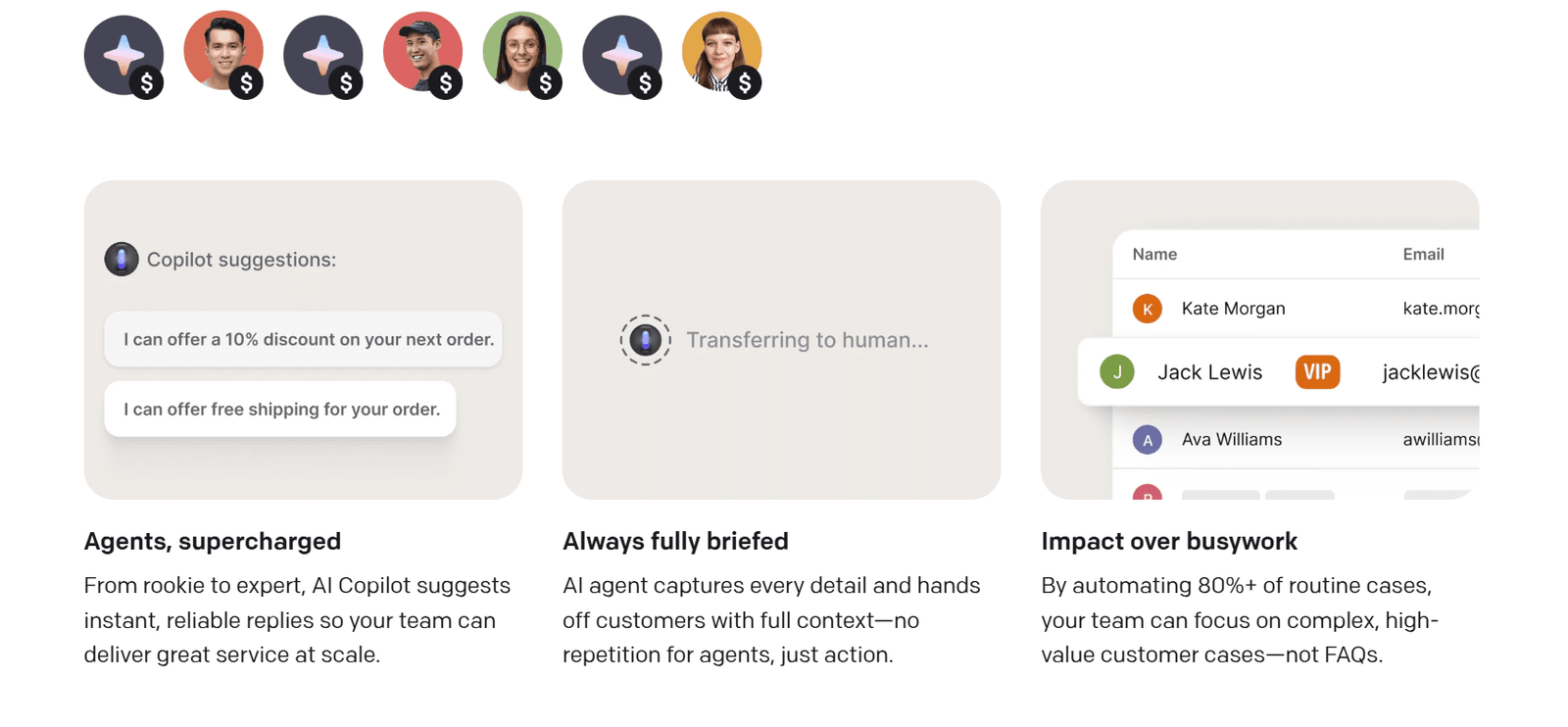 AI customer support copilot interface with suggestions and handoff