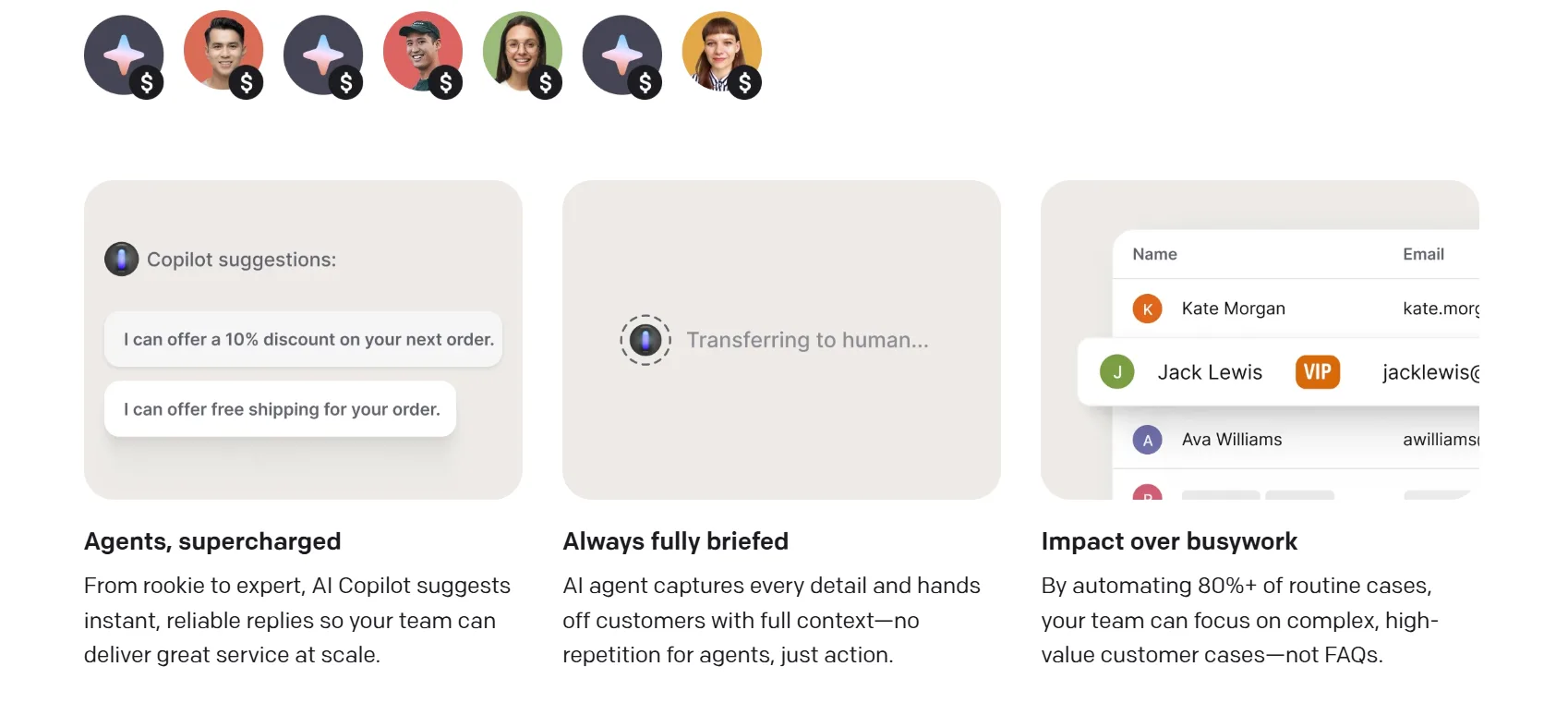AI customer support copilot interface with suggestions and handoff
