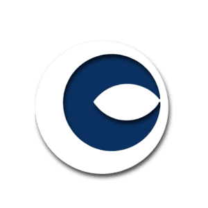 Blue circle logo with white leaf symbol