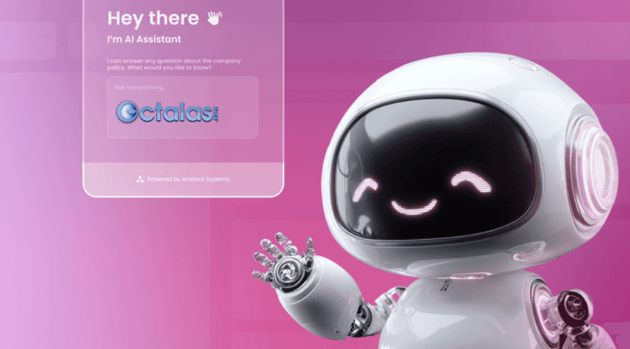 Cute white robot waving on pink AI interface