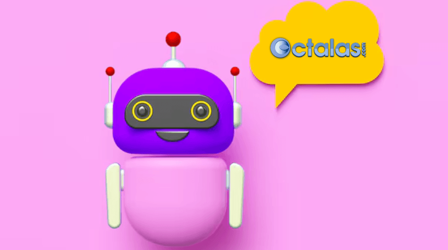 Cute purple robot with Octalas speech bubble
