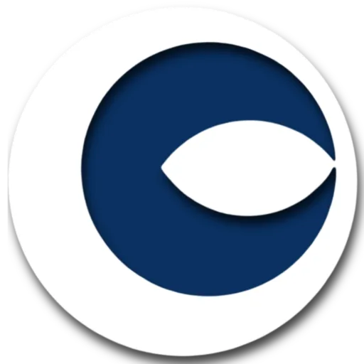 Blue circle logo with white fish symbol