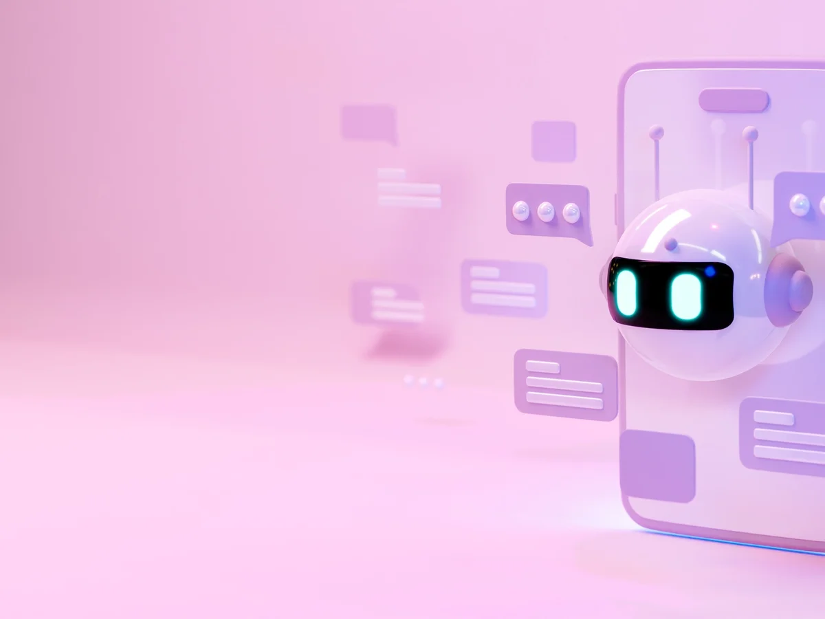 3D chatbot robot emerging from smartphone screen