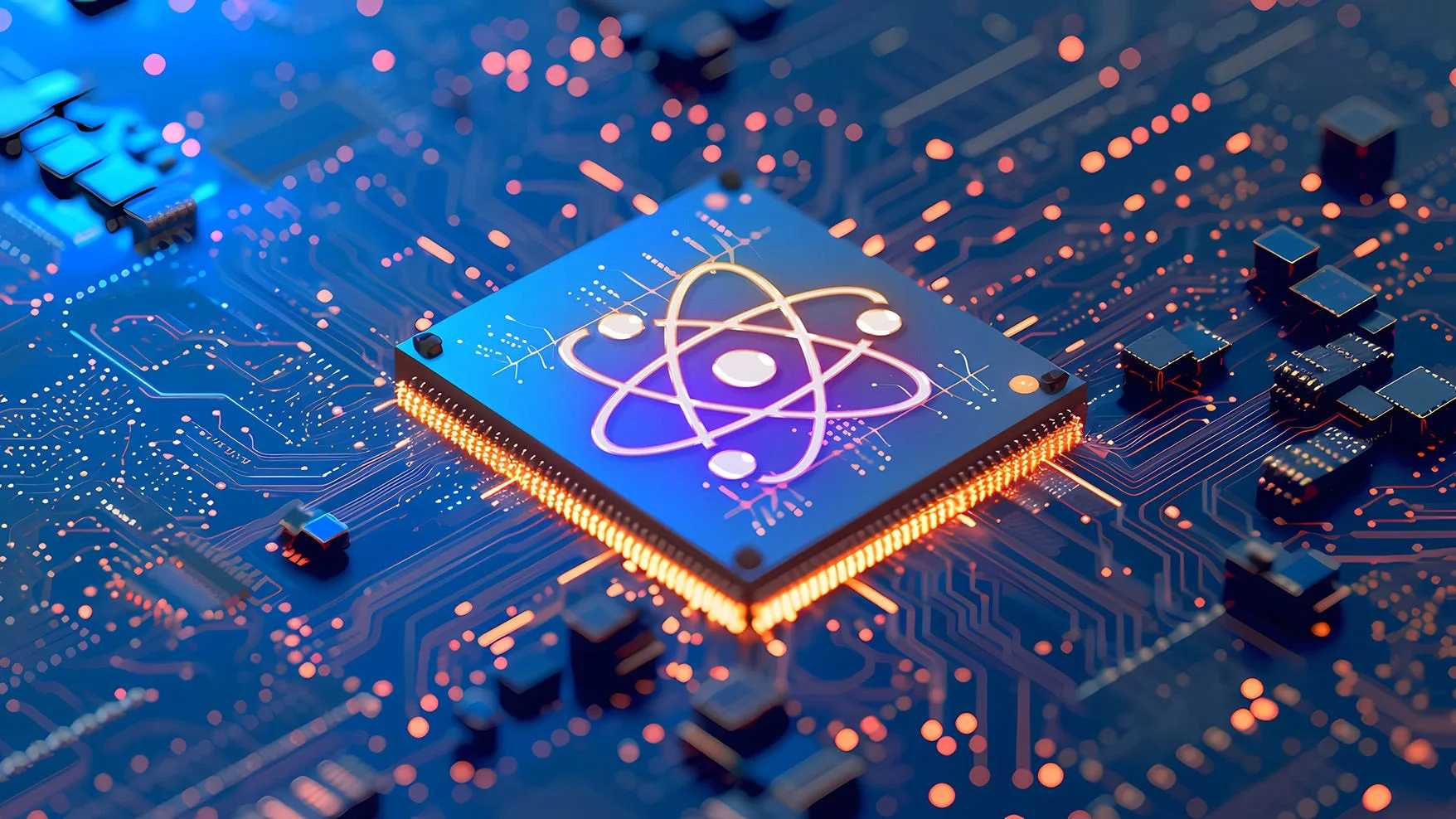 Glowing microchip with atom symbol on circuit board