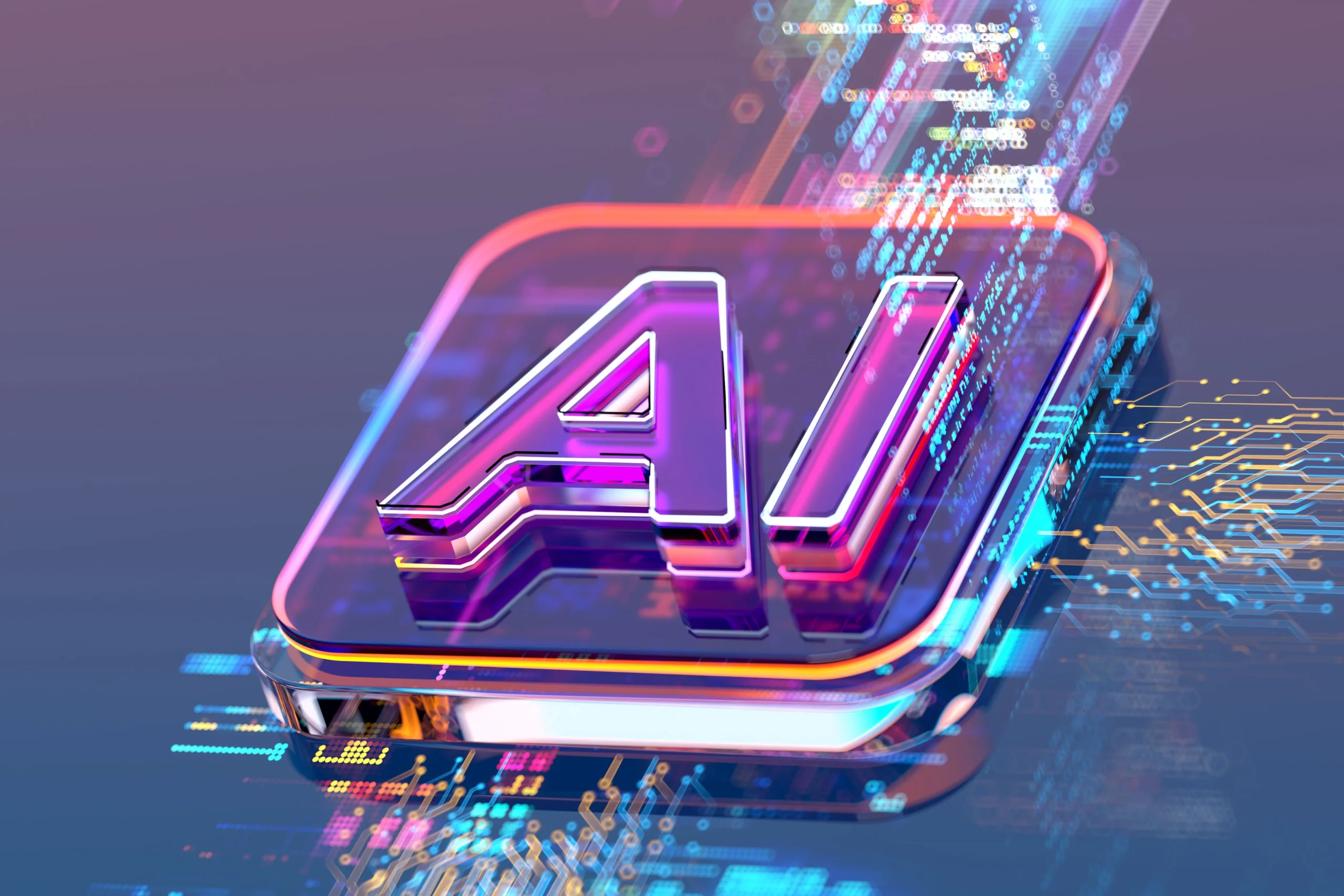 Futuristic AI chip with glowing circuitry design