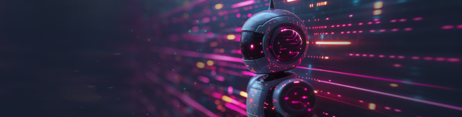 Futuristic neon-lit robot with glowing pink circuitry