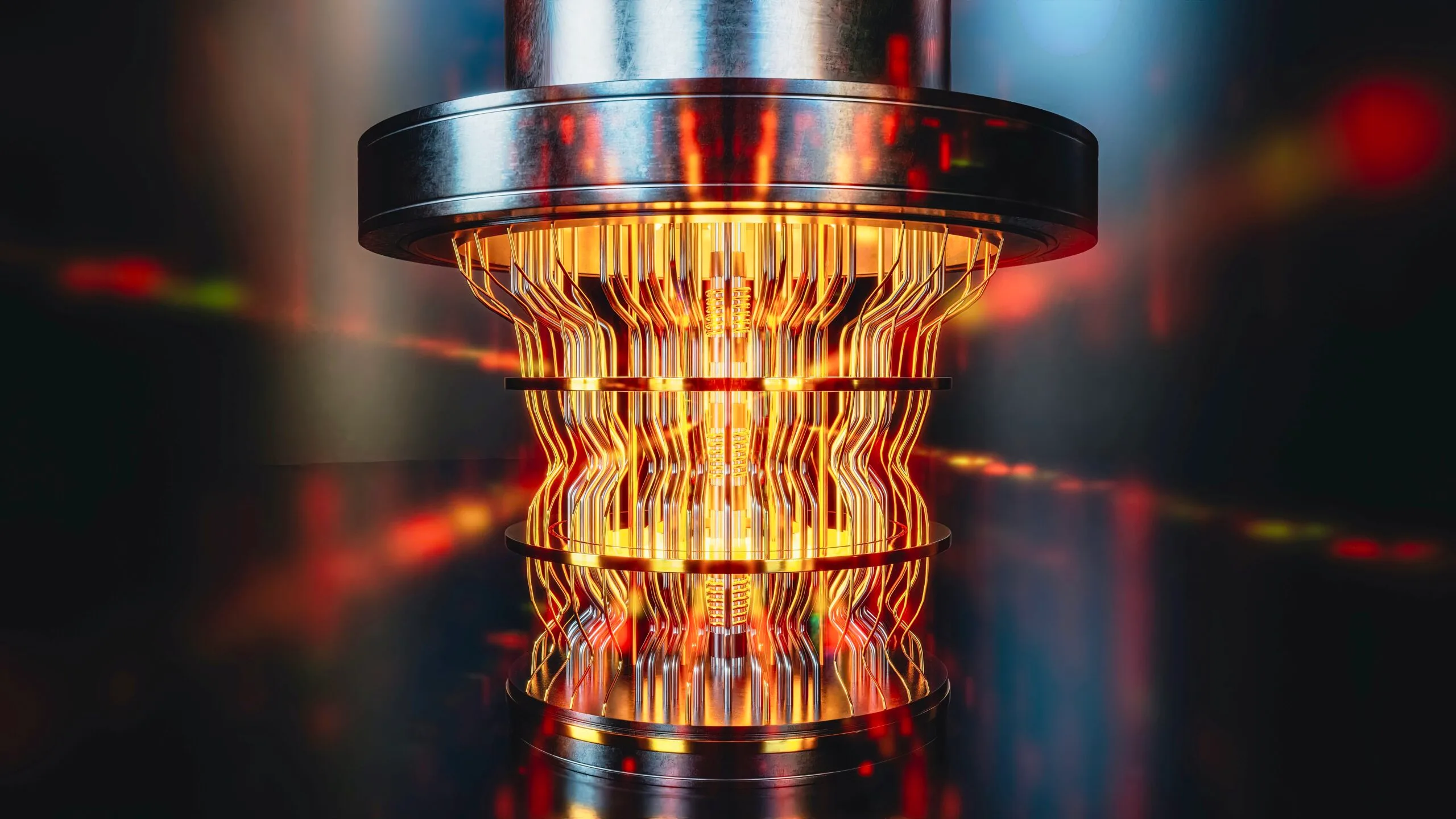 Glowing futuristic quantum computer core with golden wires