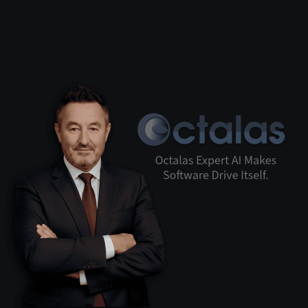 Businessman in suit beside Octalas AI logo