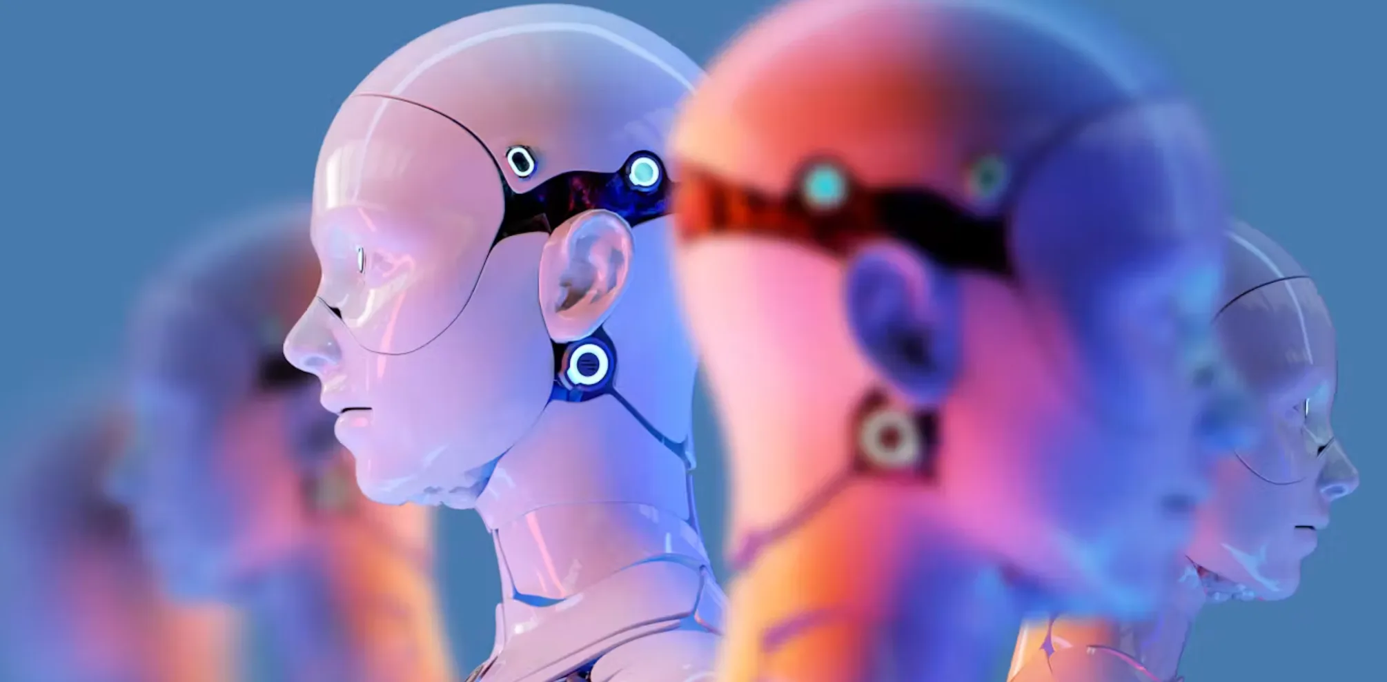 Futuristic humanoid robots in profile with glowing accents