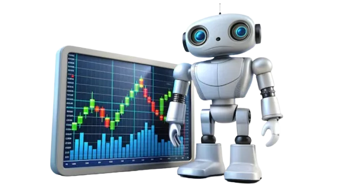 Robot beside stock market chart display