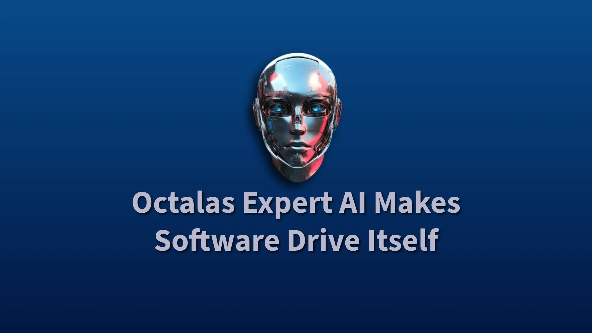 Metallic AI robot head on blue background