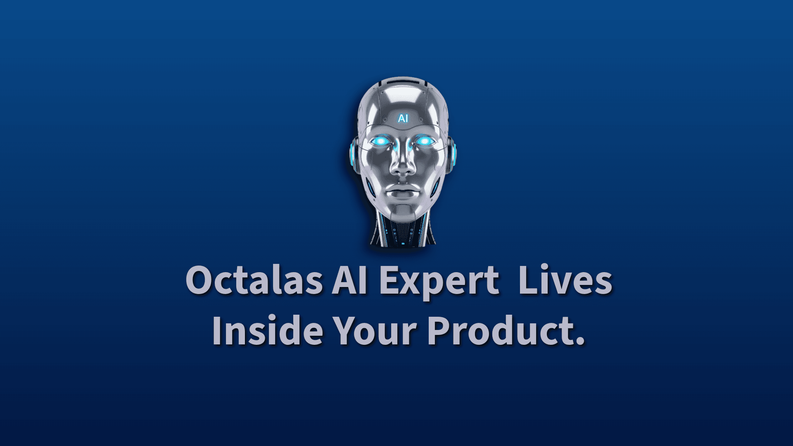 Futuristic AI robot head with promotional text