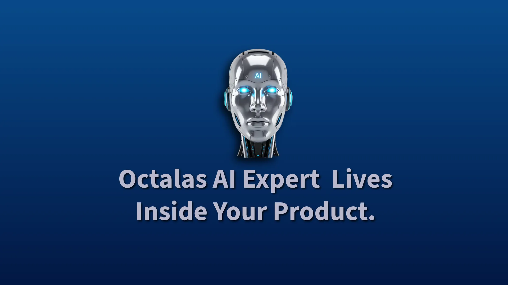 Futuristic AI robot head with promotional text