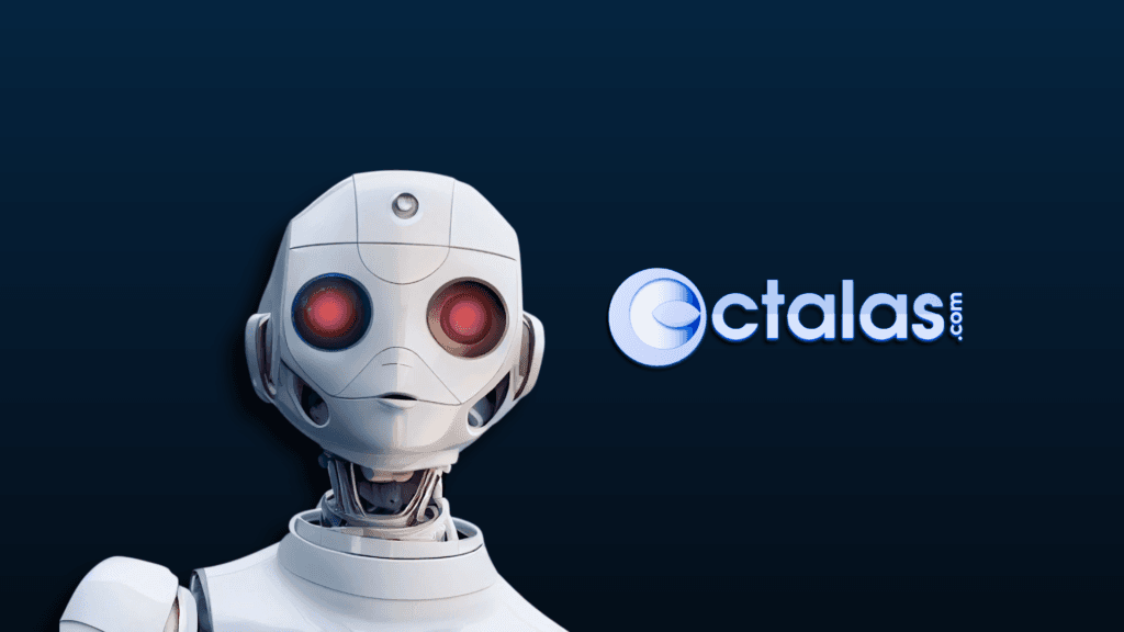 White humanoid robot with glowing red eyes