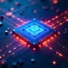 Glowing microchip on futuristic circuit board
