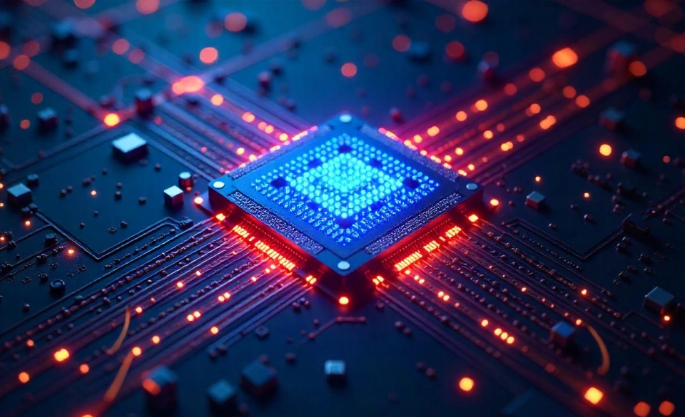 Glowing microchip on futuristic circuit board