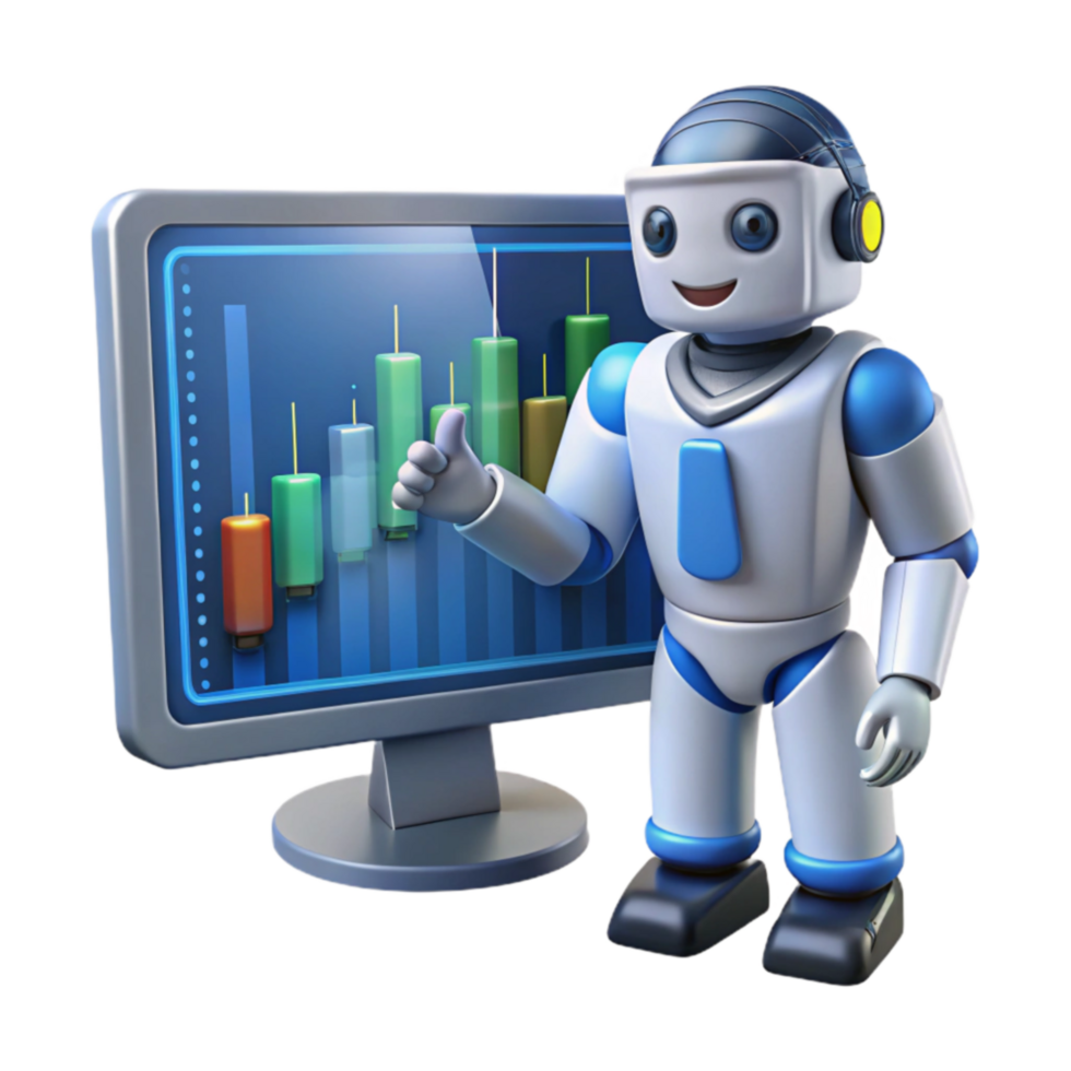 Cartoon robot presenting stock market chart on monitor