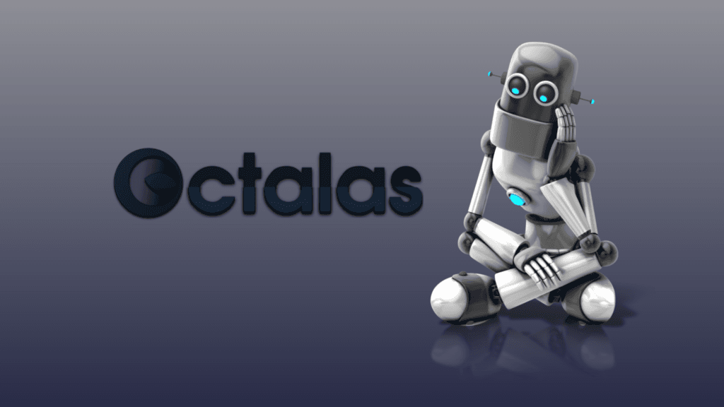 3D robot sitting beside Octalas logo