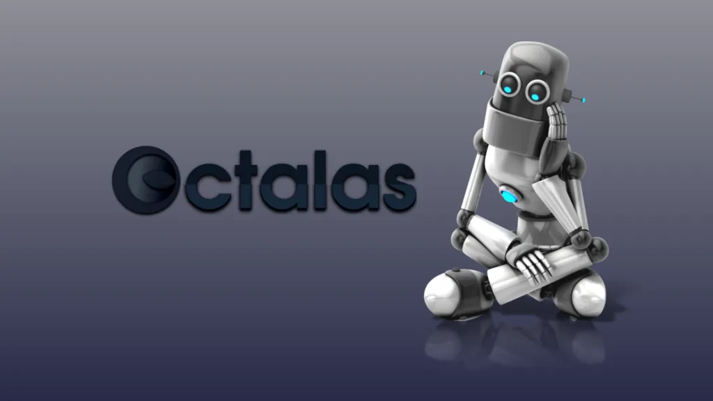 3D robot sitting beside Octalas logo