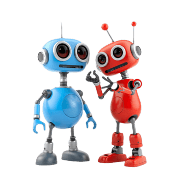 Two colorful cartoon robots standing together