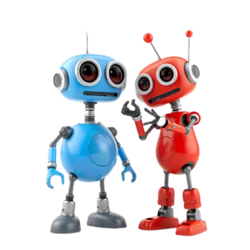 Two colorful cartoon robots standing together